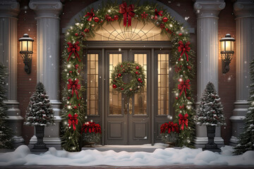 Fototapeta na wymiar front door of a home with christmas decorations ornaments and garlands