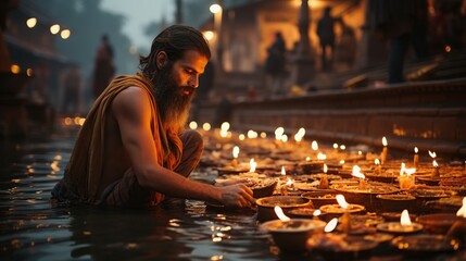 A Hindu pilgrim making an offering at the Ganges River in Varanasi, India. Varanasi is the spiritual capital of India  - obrazy, fototapety, plakaty