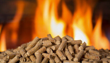 Wood pellets in front of flames - obrazy, fototapety, plakaty
