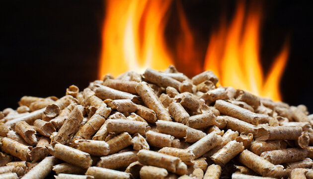 Wood pellets in front of flames