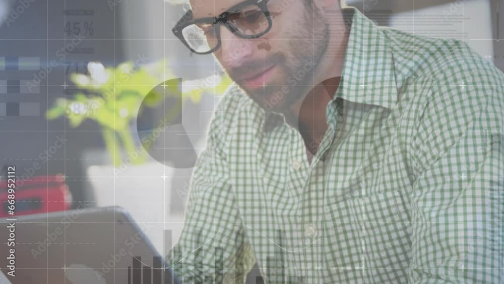 Poster animation of statistical data processing against man using digital tablet at office