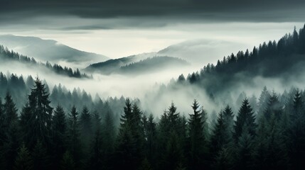 Misty pine forest valley landscape in the morning