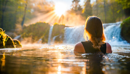 Young woman bathes in front of a waterfall