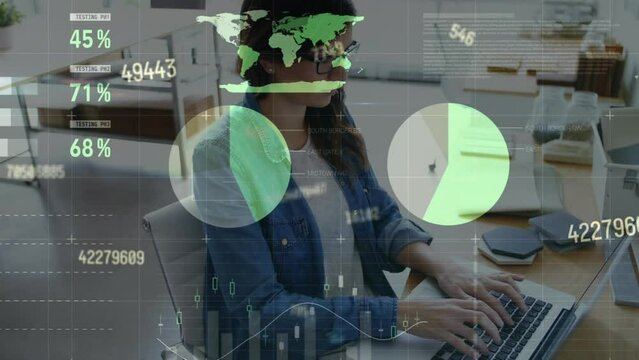 Animation of statistical data processing against biracial woman using laptop at office