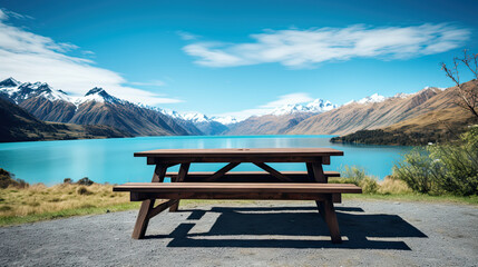 empty picnic table with lake mountain and blue sky view