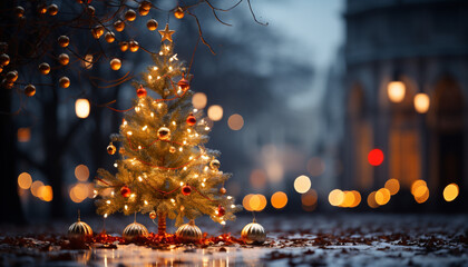 Christmas tree with decorations of lights and Christmas spheres in American shot on the left side of the screen