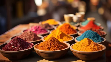 Poster Colorful spices powders and herbs in traditional street market © Morng
