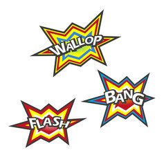 Comic signs flash, bang, wallop sound effect. Speech bubbles in pop art. Vector graphic