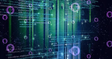 Animation of network of profile icons and data processing against computer server room - Powered by Adobe