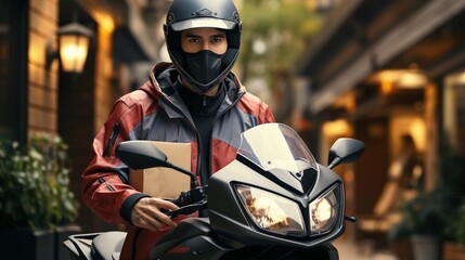 Naklejka premium Delivery man on entrance of house background , delivery man in protective mask 