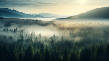 Fototapeta premium Landscape of misty pine forest valley under morning sunlight