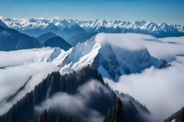 Drone aerial photograph of a magnificent, snow-capped mountain range that is veiled in clouds and mist