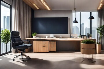 In the modern office, there is only one desk. Ecostyle's corporate headquarters. The chief's office has a desk and a chair