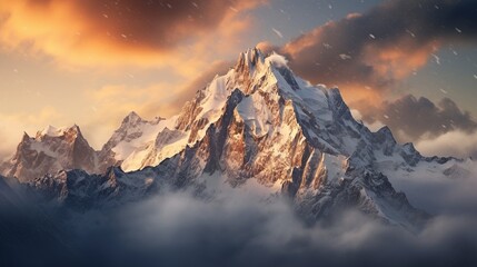 Fototapeta na wymiar Mountain peak landscape with snow and clouds at sunrise