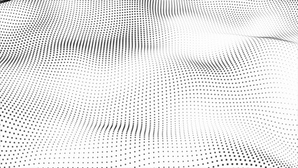 Flowing dots particles wave pattern 3D curve halftone black gradient curve shape isolated on white background. - obrazy, fototapety, plakaty