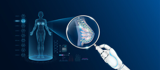 Doctor robot hand holding magnifying glass looking breast analysis and anatomy hologram of the female body. Diagnosis with AI artificial intelligence technology. Innovative medical healthcare. Vector