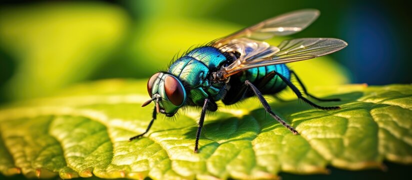 A magnified picture of a fly with patterned wings resting on a leaf