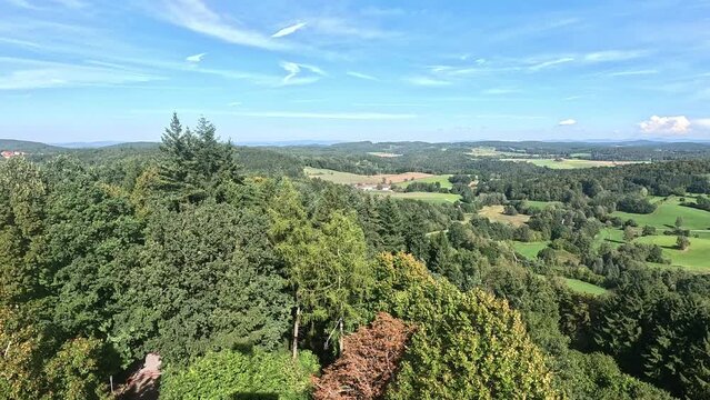 Drone footage showing forest trees and green fields with ural houses under blue sky
