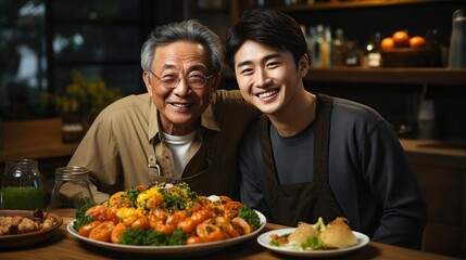 Fototapeta na wymiar Happy man and woman positive, Mature man with healthy food, Portrait Asian Senior man eating a salad in house, Old elderly male health care eat vegetables and useful foods