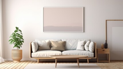 Modern living room interior background, beige sofa with pampas grass and Blank horizontal poster frame mock up.