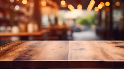 Blank Wooden Table Set Against a Softly Blurred Store Background, Ideal for Product Display or Presentation - obrazy, fototapety, plakaty