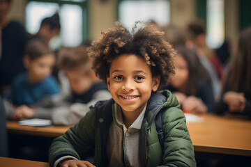 Young African American Boy Radiates Joy with a Heartwarming Smile in Classroom, Bright Future Ahead