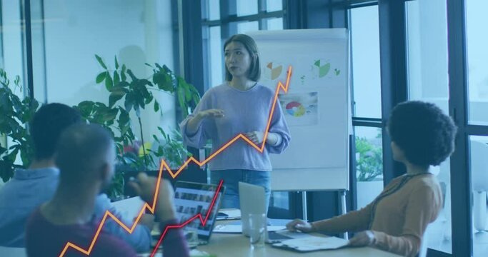 Animation of statistical data processing against asian woman giving a presentation at office