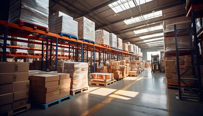 Efficient Product Distribution Center, Retail Warehouse Stocked with Goods on Shelves, Pallets, and Forklifts, Set Against a Logistics and Transportation Background