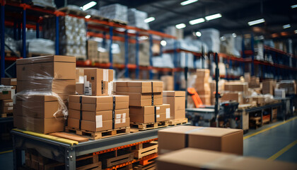 Efficient Product Distribution Center, Retail Warehouse Stocked with Goods on Shelves, Pallets, and Forklifts, Set Against a Logistics and Transportation Background