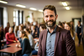 Bearded Instructor Inspires Students at Classroom Front, Diverse Group of Learners Engaged in Learning.