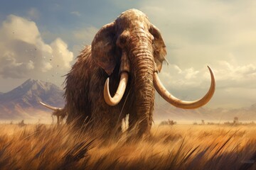 3d illustration of a mammoth in the savannah with mountains in the background, Prehistoric mammoth,...
