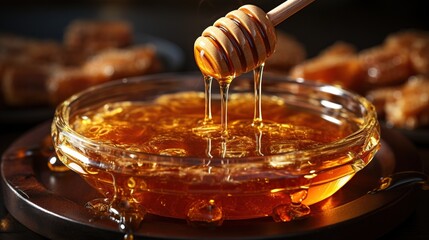 Honey dripping from honey dipper in wooden bowl. Close-up. Healthy organic Thick honey dipping from the wooden honey spoon, closeup - obrazy, fototapety, plakaty