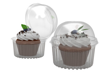 Close up view isolated of two cup cake containers with delicious cake inside.
