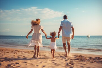 happy family with little daughter walking on beach at summer vacation. People having fun outdoors, rear view Happy young family run and jump on summer beach, AI Generated