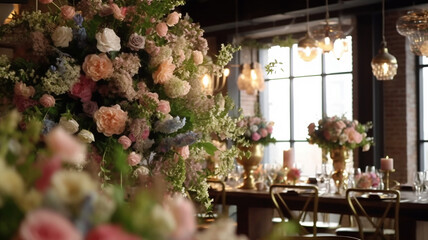 Fototapeta na wymiar Wedding flowers decoration in the restaurant