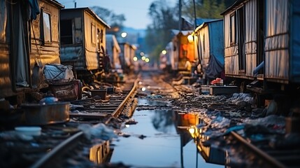 The capital of Indonesia, poor people live in barracks that they set up on the side of the railway - obrazy, fototapety, plakaty