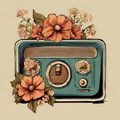 Old  vintage retro style radio receiver with colorful summer flowers and green leaves. Boho style design