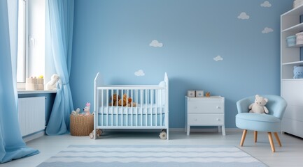 Simple, blue baby bedroom with cot and rug. Generative AI - obrazy, fototapety, plakaty