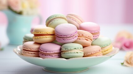 Obraz premium Sweet colorful macaroons in plates on the table. Generative AI