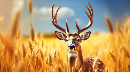 Fototapeta premium Beautiful roe deer standing in a grain field. Deer in the nature habitat. Generative AI