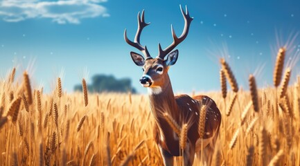 Obraz premium Beautiful roe deer standing in a grain field. Deer in the nature habitat. Generative AI