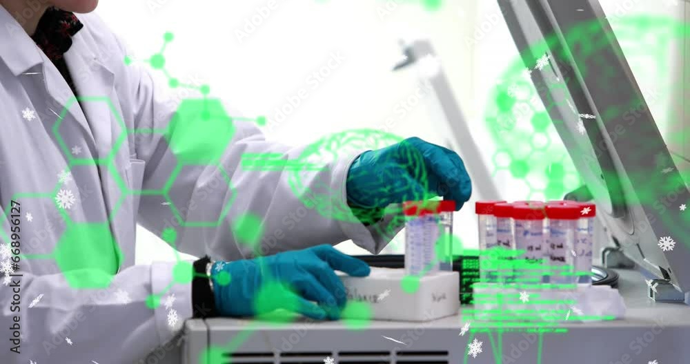 Poster animation of data processing over mid section of scientist keeping test tubes in centrifuge machine