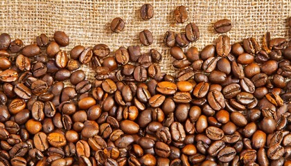 Fototapeta premium coffee beans on burlap, Canvas of Caffeine: Roasted Coffee Bean Art