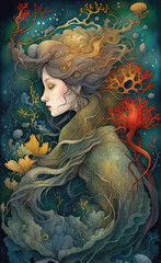 Watercolor illustration of seaweed and underwater fantastic fish, beautiful jellyfish, seashells in the depths of the ocean, poster booklet, t-shirt print, creative illustration for design