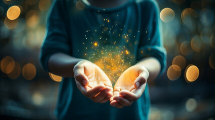 Hand holding yellow sparkles and abstract glow on air