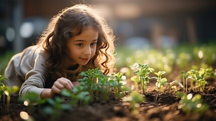 Little girl with vegetable plants farming and gardening concept. Daughter planting vegetable in home garden field use for people family - obrazy, fototapety, plakaty