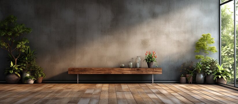 Spacious wooden terrace loft design connecting living room and garden with AI rendering featuring gray plank floor and blank concrete wall for copying