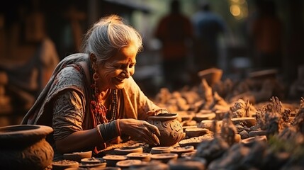 Portrait of happy traditional Indian old woman potter artist painting and decorating design on clay pot for sale