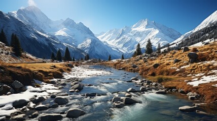 A tranquil winter landscape with snow-capped mountains and a river.