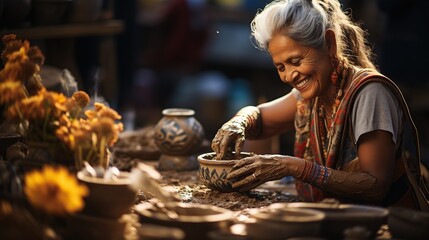 Portrait of happy traditional Indian old woman potter artist painting and decorating design on clay pot for sale